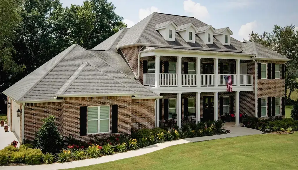 Two-storey brick colonial with a new grey shingle roof and four dormers, a Superior Roofing job